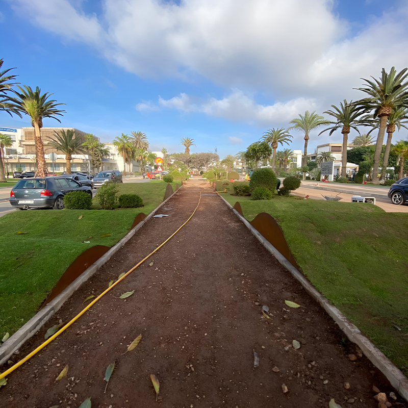 Terre-plein urbain aménagé avec des bordures décoratives courbes en acier Corten autour des pelouses et des cheminements.