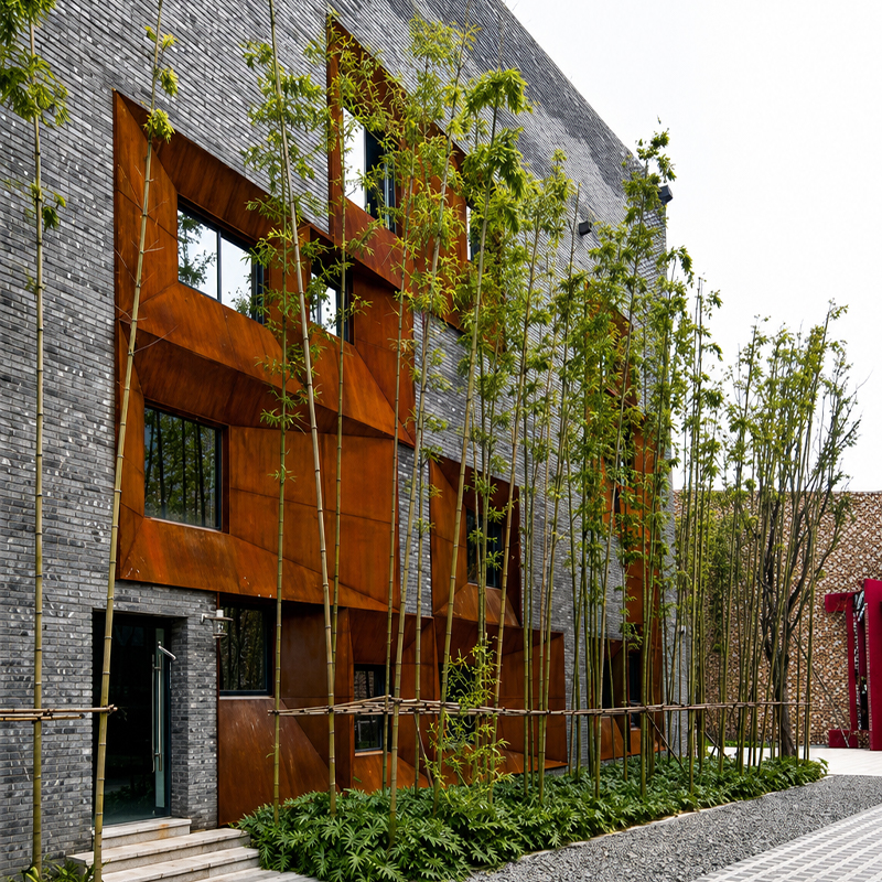 Façade résidentielle en briques sombres intégrant des panneaux en acier Corten derrière un jardin planté de bambous.