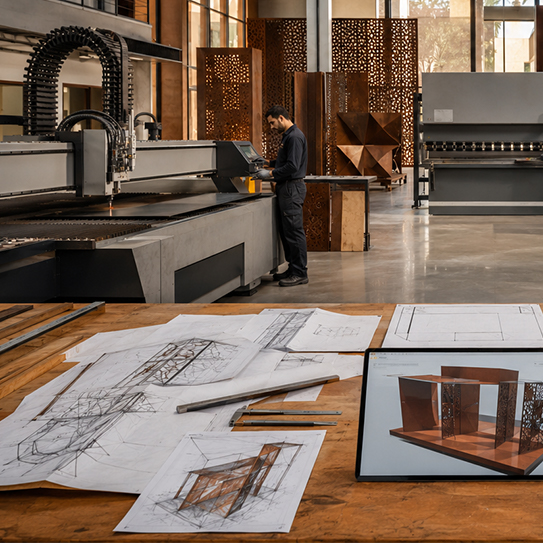 Bureau d’études et atelier acier Corten au Maroc avec plans techniques, modélisation 3D et préparation d’un ouvrage architectural sur mesure.