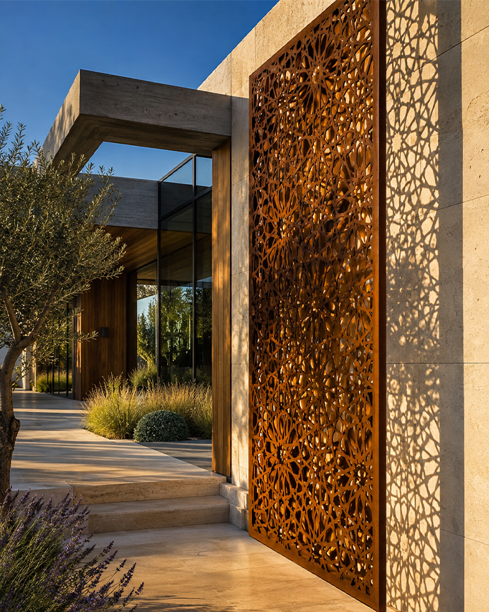 Grand claustra décoratif en acier Corten découpé au laser à l’entrée d’une villa contemporaine au Maroc.