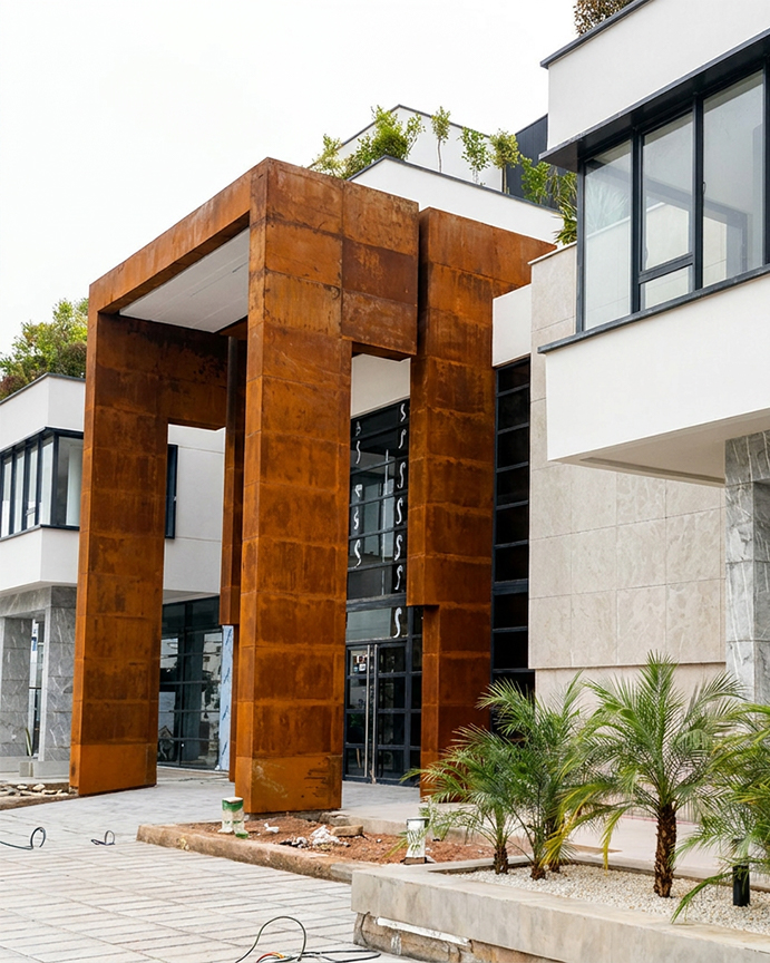 Entrée monumentale composée de grands panneaux verticaux en acier Corten intégrés à un bâtiment contemporain.