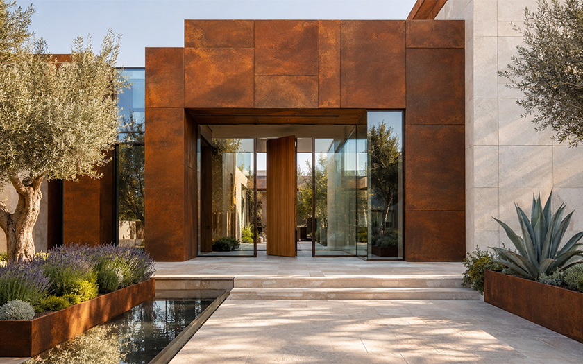Entrée d’une villa contemporaine habillée de grands panneaux de façade en acier Corten.