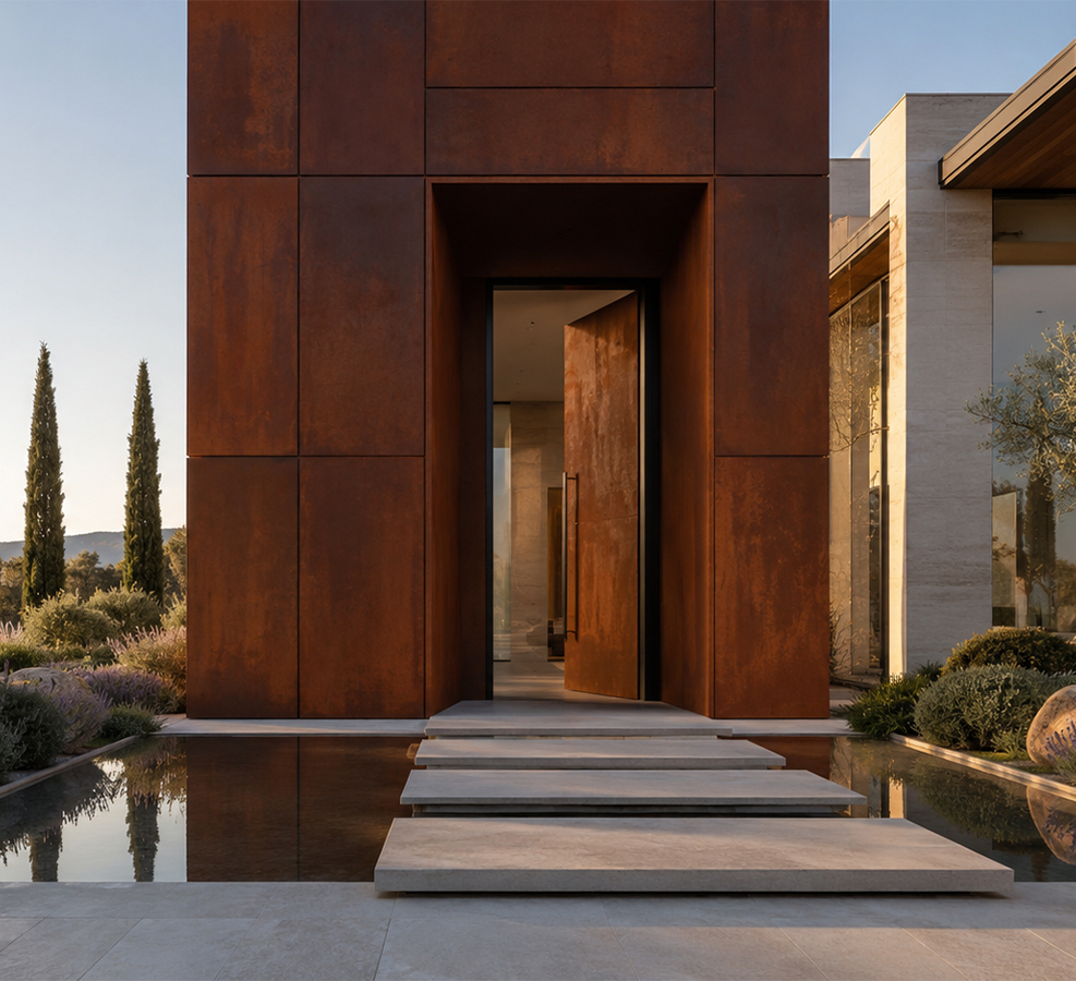 Entrée d’une villa contemporaine habillée de grands panneaux de façade en acier Corten à patine brun foncé.