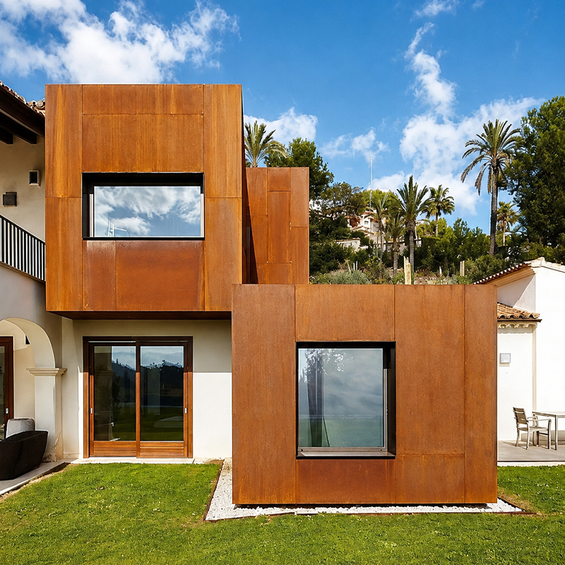 Façade contemporaine associant un grand volume bardé de panneaux en acier Corten, des murs en béton et des brise-soleil horizontaux.