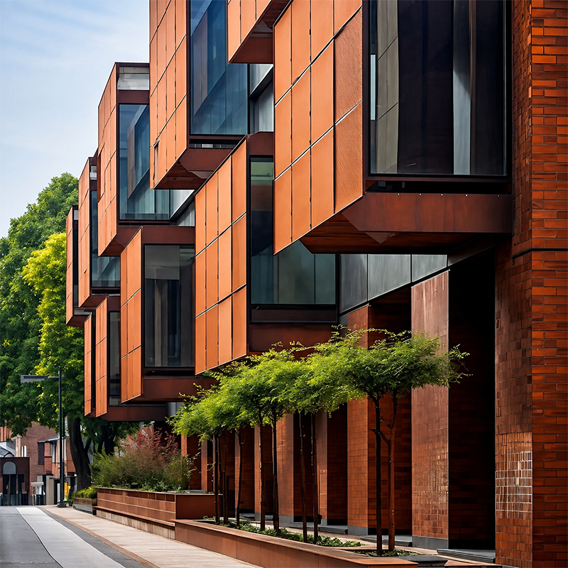 Façade d’une résidence collective contemporaine habillée de panneaux en acier Corten autour de grandes fenêtres vitrées.