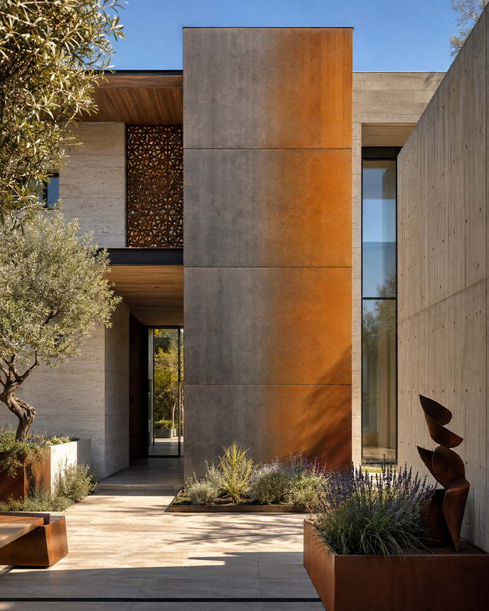 Guide acier Corten illustré par une façade contemporaine dont la patine évolue progressivement du gris vers des nuances brun-orangées.