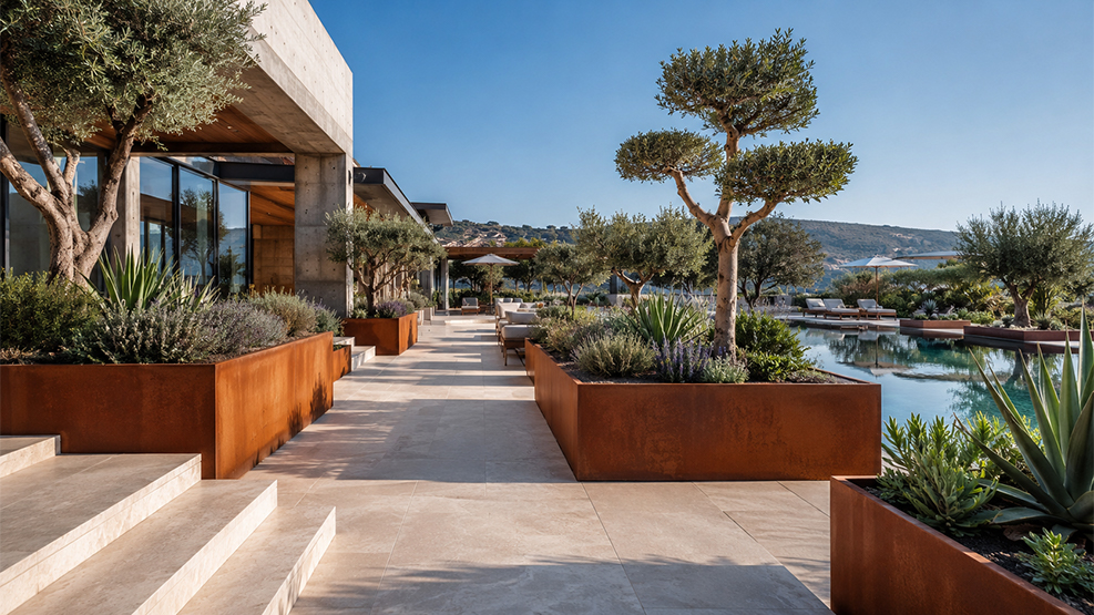 Grandes jardinières rectangulaires en acier Corten intégrées aux terrasses et aux allées d’une villa contemporaine.