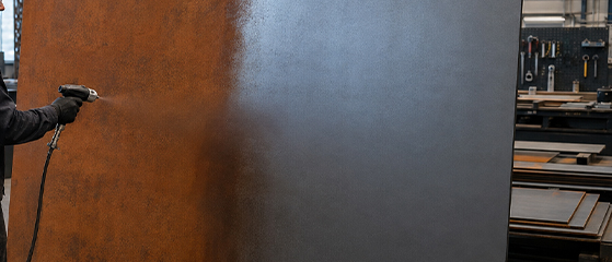 Opérateur nettoyant une plaque métallique en atelier afin de préparer et entretenir une surface en acier Corten.