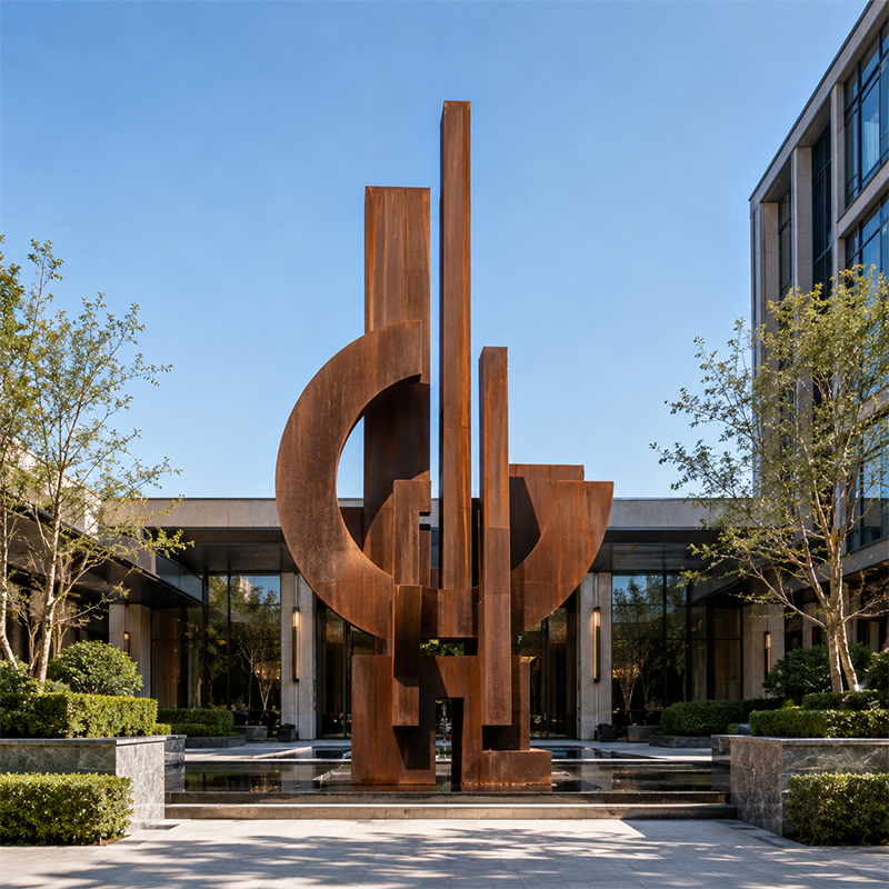 Grande sculpture monumentale abstraite en acier Corten installée devant un bâtiment contemporain dans un espace paysager.