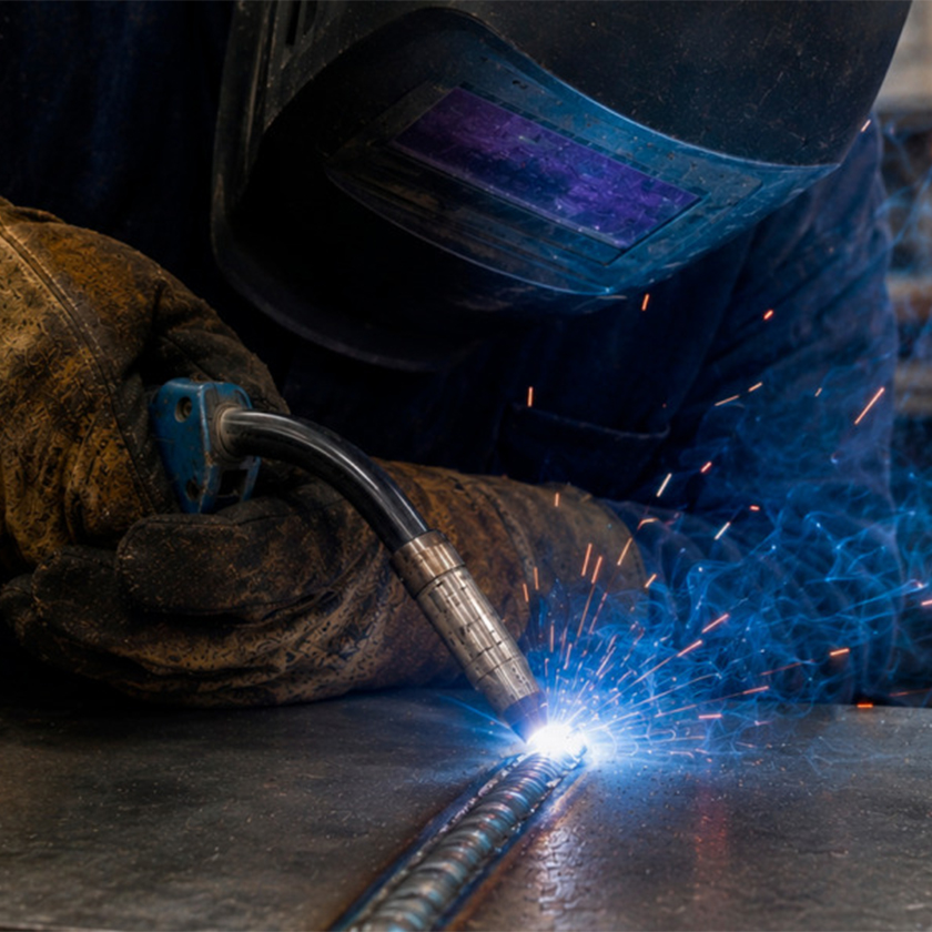 Soudeur réalisant un cordon de soudure de précision pour l’assemblage d’un ouvrage métallique sur mesure en atelier.