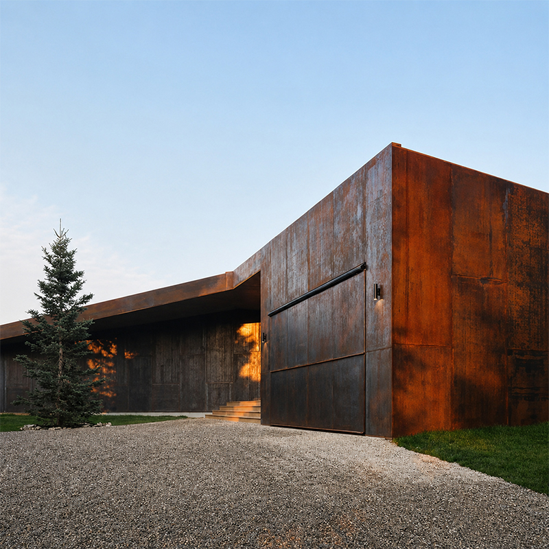 Bâtiment contemporain aux volumes monolithiques entièrement habillés d’acier Corten avec une grande ouverture intégrée à la façade.