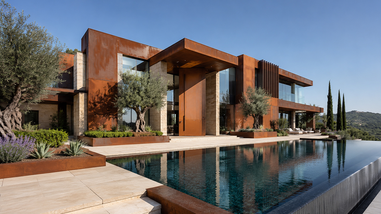 Corten Maroc : villa contemporaine avec façade, brise-soleil et jardinières en acier Corten.